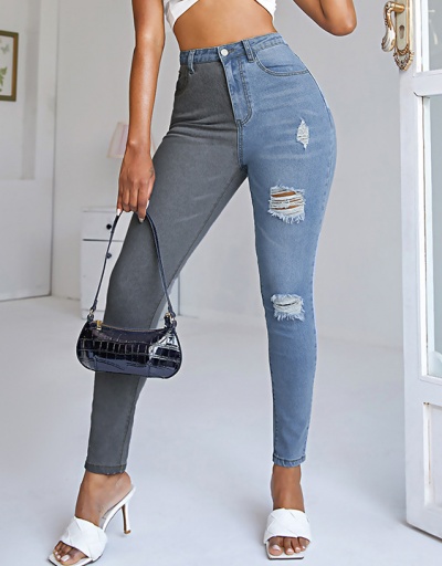 Replica Fashion Contrast Color Hole Denim Jeans  #796565 $31.53 USD for Wholesale