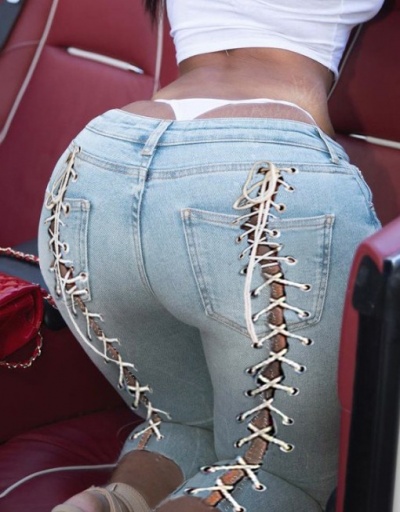 Replica Sexy Hollow Out Bandage Denim Jeans  #796566 $34.94 USD for Wholesale