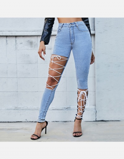 Personalized Blue Lace Up Long Denim Pants #796568 $28.60 USD, Wholesale Fashion Jeans