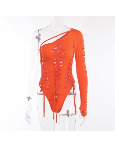 Replica  Sexy Hollowed Out Pure Color Single Sleeve Bodysuit Long Sleeve Inclined Shoulder #796643 $23.73 USD for Wholesale