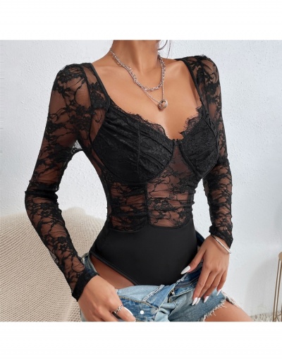 Replica  Sexy See Through Lace Long Sleeve Bodysuit Long Sleeve V Neck #796679 $18.59 USD for Wholesale