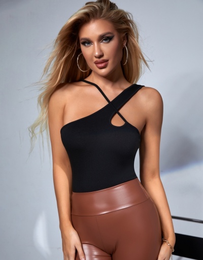 Replica Stylish Solid One Shoulder Sleeveless Black Bodysuits Sleeveless Inclined Shoulder #796682 $15.21 USD for Wholesale