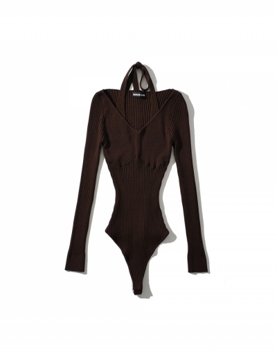  Sexy Halter Pure Color Long Sleeve Bodysuit Long Sleeve Halter #796698 $43.68 USD, Wholesale Fashion Bodysuits