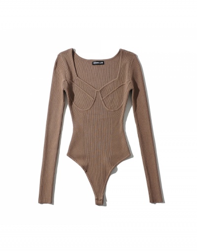  Sexy Knitting Pure Color Long Sleeve Bodysuit Long Sleeve V Neck #796699 $40.56 USD, Wholesale Fashion Bodysuits