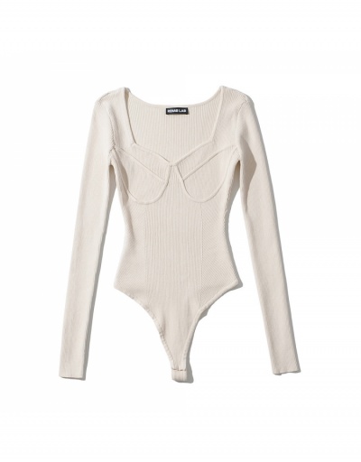 Replica  Sexy Knitting Pure Color Long Sleeve Bodysuit Long Sleeve V Neck #796699 $40.56 USD for Wholesale