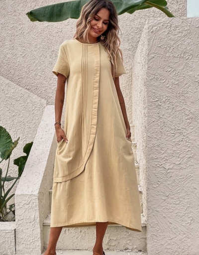 Cotton Solid Loose Vacation Casual Maxi Dresses Short Sleeve Crew Neck #796716 $30.88 USD, Wholesale Fashion Maxi Dresses