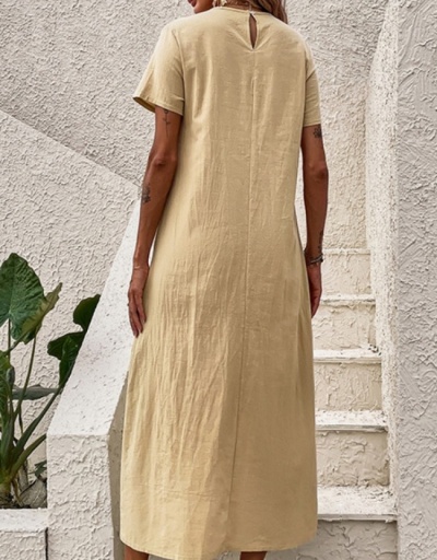 Replica Cotton Solid Loose Vacation Casual Maxi Dresses Short Sleeve Crew Neck #796716 $30.88 USD for Wholesale