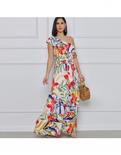 Stylish Printing Inclined Shoulder Lace-up Maxi Dress Short Sleeve Inclined Shoulder #796726 $52.94 USD, Wholesale Fashion Maxi Dresses