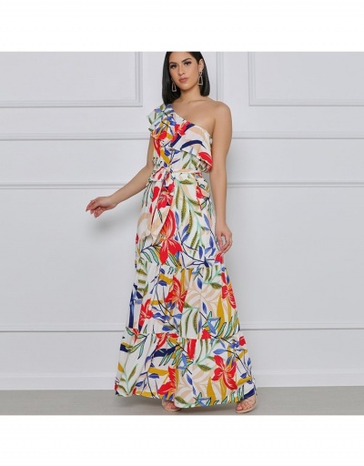 Replica Stylish Printing Inclined Shoulder Lace-up Maxi Dress Short Sleeve Inclined Shoulder #796726 $52.94 USD for Wholesale