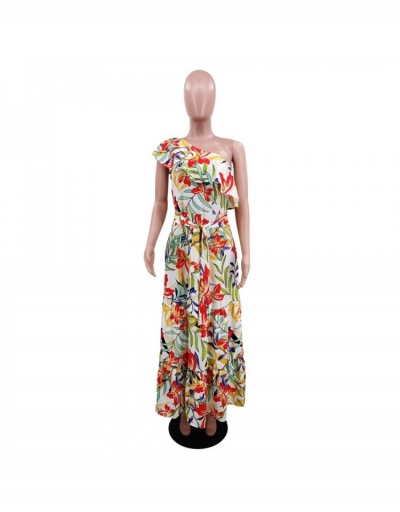 Replica Stylish Printing Inclined Shoulder Lace-up Maxi Dress Short Sleeve Inclined Shoulder #796726 $52.94 USD for Wholesale