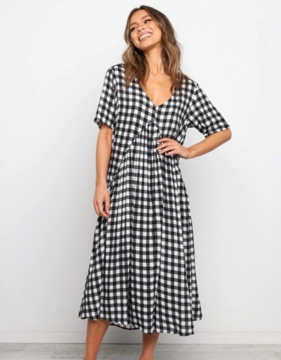  Summer V-Neck Loose Plaid Women's Dress Short Sleeve V Neck #796740 $20.28 USD, Wholesale Fashion Maxi Dresses