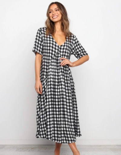 Replica  Summer V-Neck Loose Plaid Women's Dress Short Sleeve V Neck #796740 $20.28 USD for Wholesale