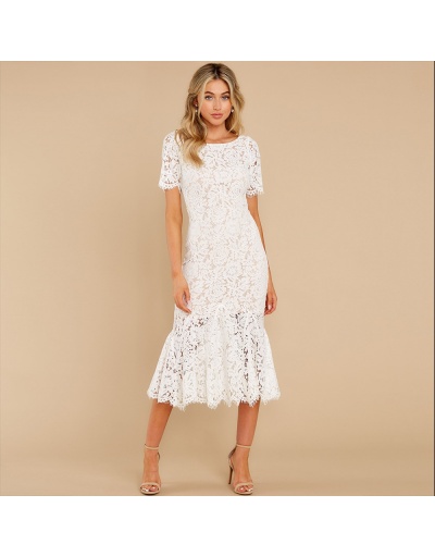  Summer Pure Color Lace Backless Fishtail Dress Short Sleeve Crew Neck #796741 $36.40 USD, Wholesale Fashion Maxi Dresses