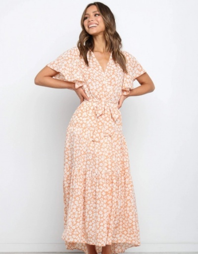 Holiday Floral V Neck Ruffled Sleeve Maxi Dress Short Sleeve V Neck #796752 $25.48 USD, Wholesale Fashion Maxi Dresses