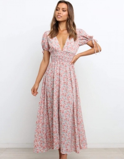 Vacation Floral V-Neck Puff Sleeve Maxi Dress Short Sleeve V Neck #796755 $31.53 USD, Wholesale Fashion Maxi Dresses