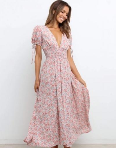 Replica Vacation Floral V-Neck Puff Sleeve Maxi Dress Short Sleeve V Neck #796755 $31.53 USD for Wholesale