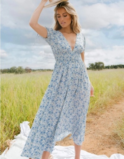 Replica Vacation Floral V-Neck Puff Sleeve Maxi Dress Short Sleeve V Neck #796755 $31.53 USD for Wholesale