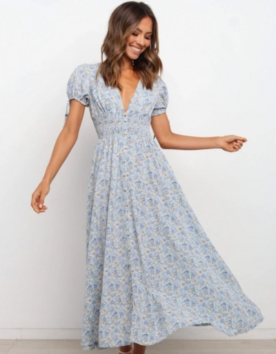 Replica Vacation Floral V-Neck Puff Sleeve Maxi Dress Short Sleeve V Neck #796755 $31.53 USD for Wholesale