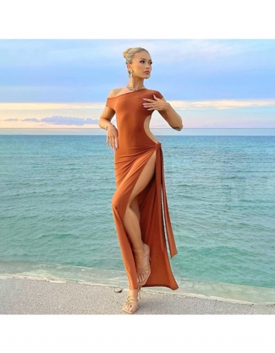  Summer Twist Hollowed Out One Shoulder Slit Maxi Dress Short Sleeve Inclined Shoulder #796759 $22.63 USD, Wholesale Fashion Maxi Dresses