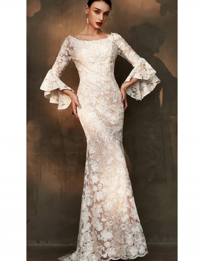 Replica  European Lace Long Sleeve Ruched Maxi Dress Long Sleeve Boat Neck #796786 $45.33 USD for Wholesale