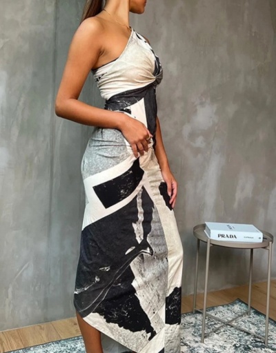 Replica Contrast Color Twist Ruched Irregular Sleeveless Maxi Dress Sleeveless Inclined Shoulder #796788 $22.99 USD for Wholesale