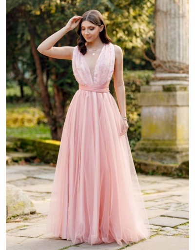 Ladies Pink V Neck Halter Backless Evening Maxi Dress Sleeveless #796791 $32.32 USD, Wholesale Fashion Maxi Dresses