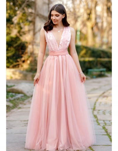 Replica Ladies Pink V Neck Halter Backless Evening Maxi Dress Sleeveless #796791 $32.32 USD for Wholesale