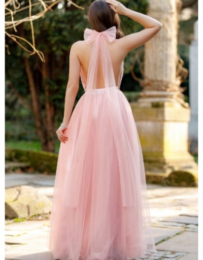 Replica Ladies Pink V Neck Halter Backless Evening Maxi Dress Sleeveless #796791 $32.32 USD for Wholesale