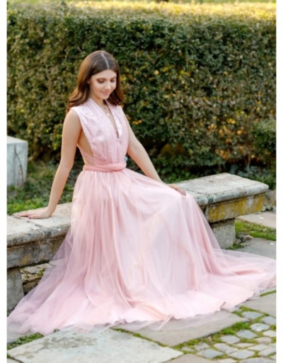 Replica Ladies Pink V Neck Halter Backless Evening Maxi Dress Sleeveless #796791 $32.32 USD for Wholesale