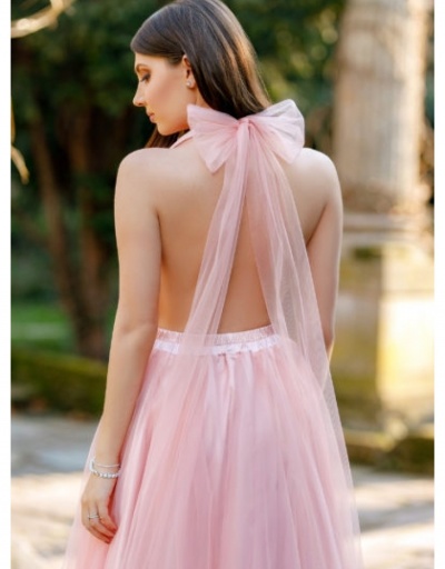 Replica Ladies Pink V Neck Halter Backless Evening Maxi Dress Sleeveless #796791 $32.32 USD for Wholesale