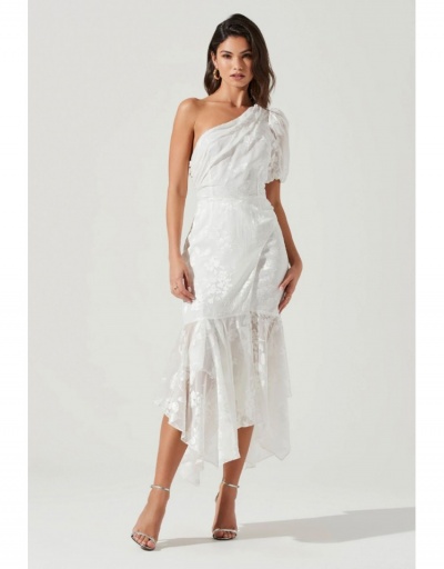  White Puff Sleeve One Shoulder Ladies Evening Dress Short Sleeve Inclined Shoulder #796798 $39.45 USD, Wholesale Fashion Maxi Dresses