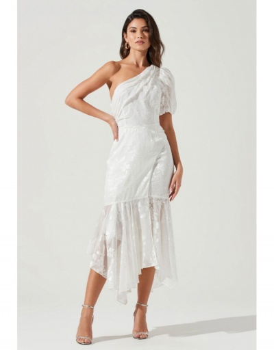 Replica  White Puff Sleeve One Shoulder Ladies Evening Dress Short Sleeve Inclined Shoulder #796798 $39.45 USD for Wholesale