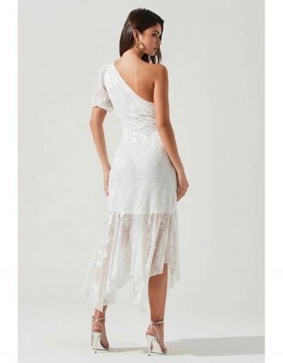 Replica  White Puff Sleeve One Shoulder Ladies Evening Dress Short Sleeve Inclined Shoulder #796798 $39.45 USD for Wholesale