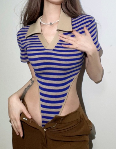 Replica Polo V Neck Striped Short Sleeve Bodysuits Short Sleeve Turndown Collar,V Neck #796815 $18.38 USD for Wholesale