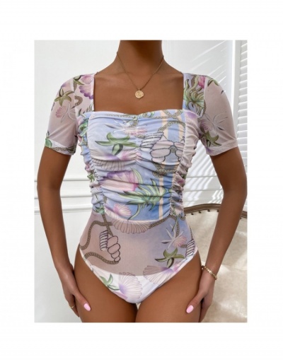 Sexy Printing See Through Ruched Bodysuit Short Sleeve Sweetheart Neck #796820 $18.20 USD, Wholesale Fashion Bodysuits