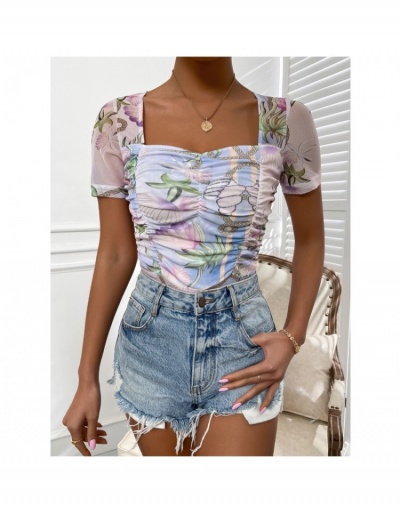 Replica Sexy Printing See Through Ruched Bodysuit Short Sleeve Sweetheart Neck #796820 $18.20 USD for Wholesale