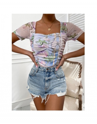 Replica Sexy Printing See Through Ruched Bodysuit Short Sleeve Sweetheart Neck #796820 $18.20 USD for Wholesale