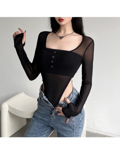 Replica  Sexy Pure Color See Through Long Sleeve Bodysuit Long Sleeve Scoop Neck #796863 $18.14 USD for Wholesale