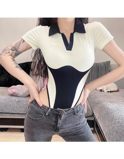 Fashion Contrast Color Turndown Collar Short Sleeve Bodysuits Short Sleeve Turndown Collar #796874 $17.83 USD, Wholesale Fashion Bodysuits