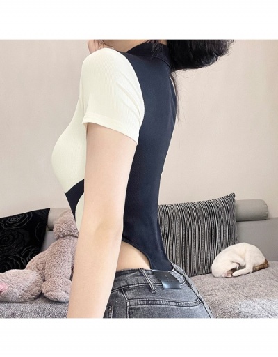 Replica Fashion Contrast Color Turndown Collar Short Sleeve Bodysuits Short Sleeve Turndown Collar #796874 $17.83 USD for Wholesale