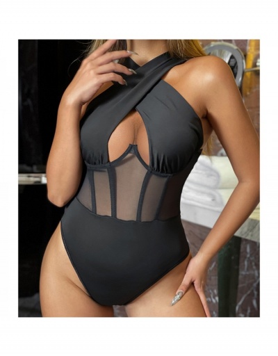 Replica  Sexy See-Through Hollowed Out Women's Black Bodysuits Sleeveless Halter #796884 $23.66 USD for Wholesale