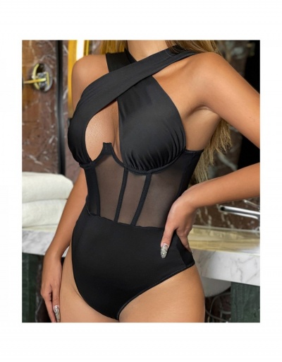 Replica  Sexy See-Through Hollowed Out Women's Black Bodysuits Sleeveless Halter #796884 $23.66 USD for Wholesale