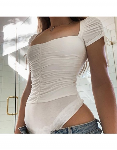  INS Style White Square Neck Drawstring Short Sleeve Ruched Bodysuit Short Sleeve Square Neck #796890 $21.42 USD, Wholesale Fashion Bodysuits