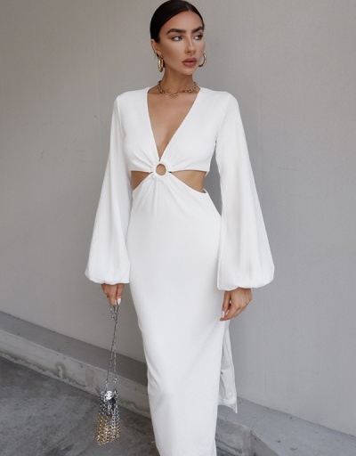 Replica Sexy V Neck Hollow Out Sheath Maxi Dresses Long Sleeve V Neck #796913 $26.87 USD for Wholesale