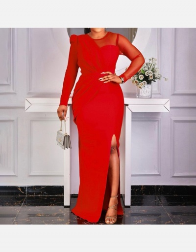 Elegant Gauze Patchwork Slit Evening Gown Dresses Long Sleeve Crew Neck #796919 $40.63 USD, Wholesale Fashion Maxi Dresses