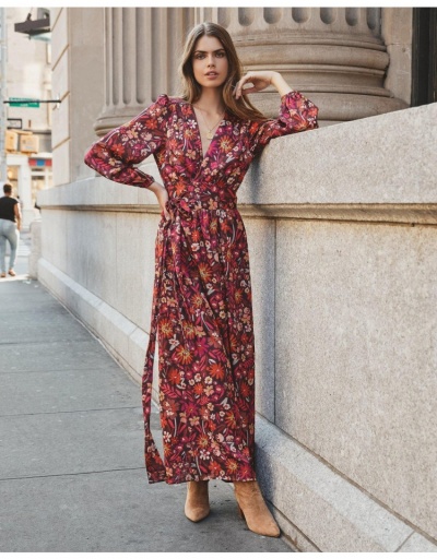 Replica  Fashion Printed V-Neck Puff Sleeve Maxi Dress Long Sleeve V Neck #796928 $27.04 USD for Wholesale