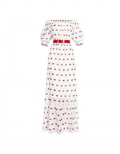 Replica Off The Shoulder White Heart Printed Maxi Dress Three Quarter Sleeve Boat Neck #796929 $51.84 USD for Wholesale