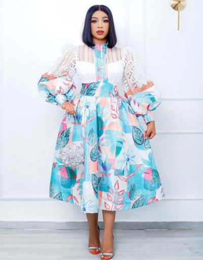 Stylish Lantern Sleeve  Printed Long Sleeve Maxi Dress Long Sleeve Mock Neck #796935 $40.56 USD, Wholesale Fashion Maxi Dresses