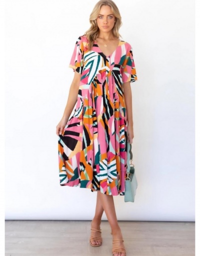 V Neck Printed Ruffles Short Sleeve Long Dress Short Sleeve V Neck #796942 $23.66 USD, Wholesale Fashion Maxi Dresses