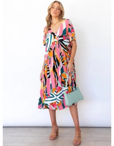 Replica V Neck Printed Ruffles Short Sleeve Long Dress Short Sleeve V Neck #796942 $23.66 USD for Wholesale